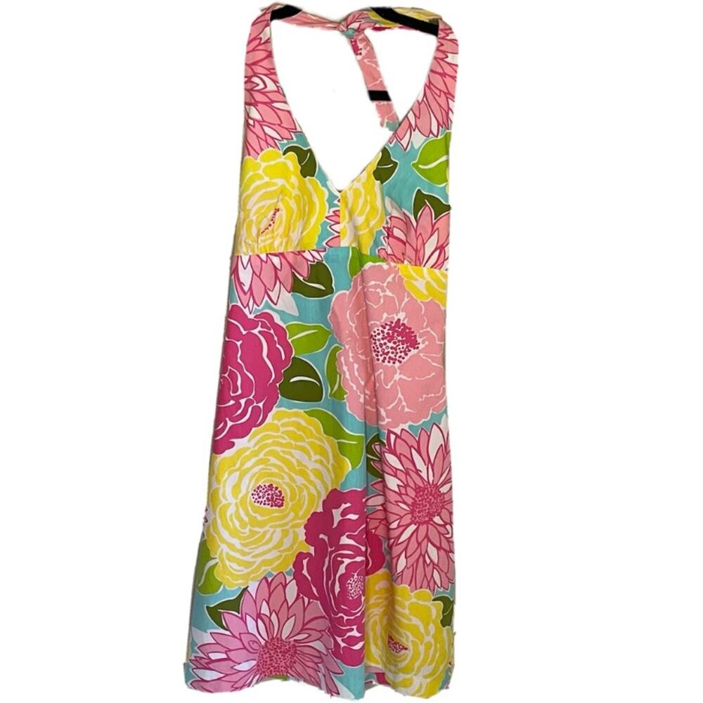 Lilly Pulitzer Floral Halter Mini Dress Pink Yellow Green Size 4 Y2K Style
